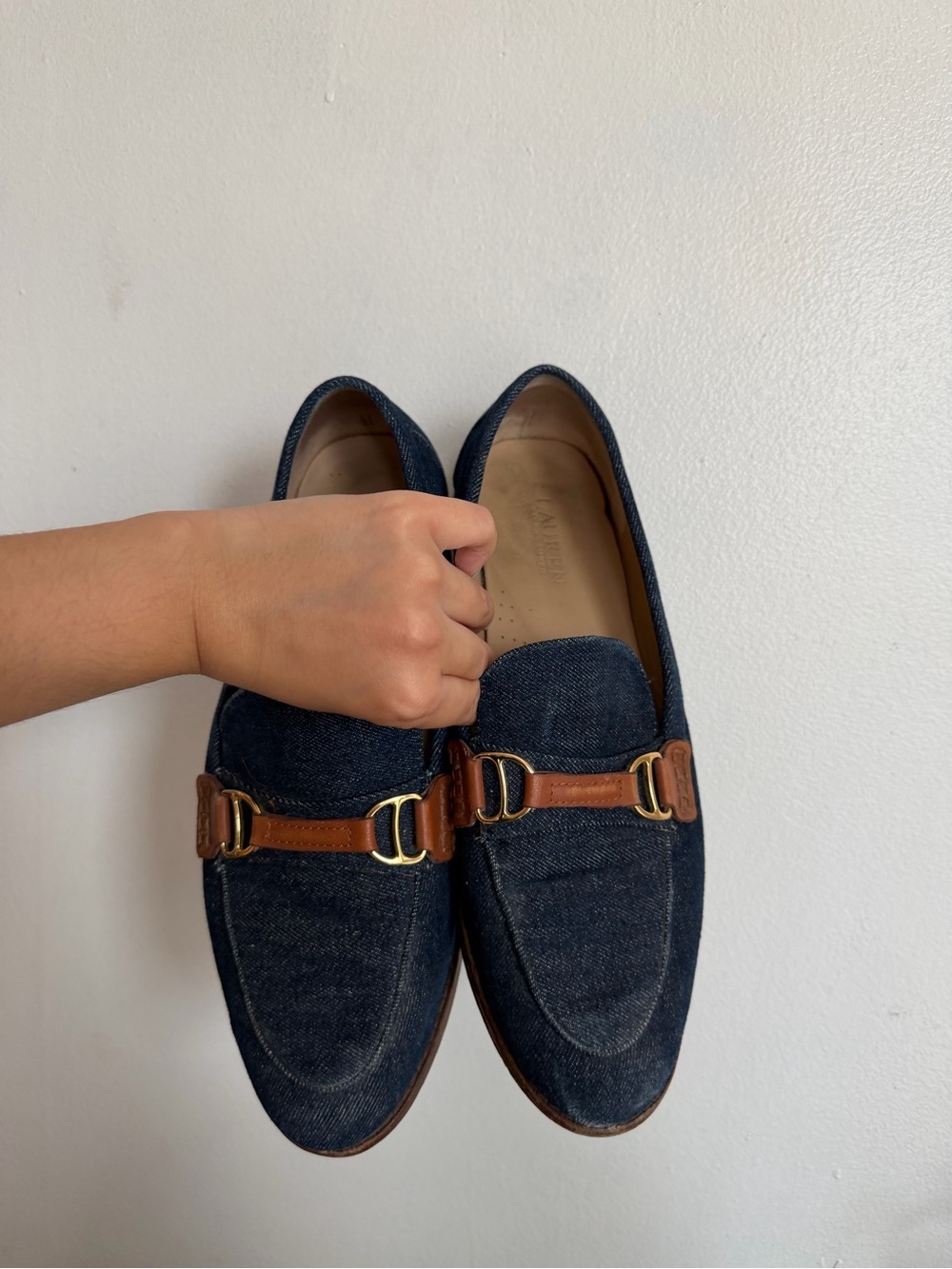 Women Denim Slip-On Loafers with Brown Leather Trim